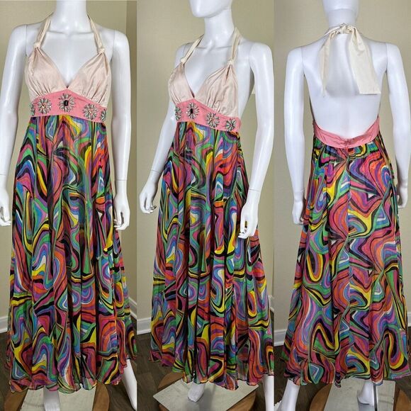 Meghan Los Angeles Womens Size 4 Silk Retro Swirl Jeweled Halter Maxi Dress Boho - Picture 1 of 14